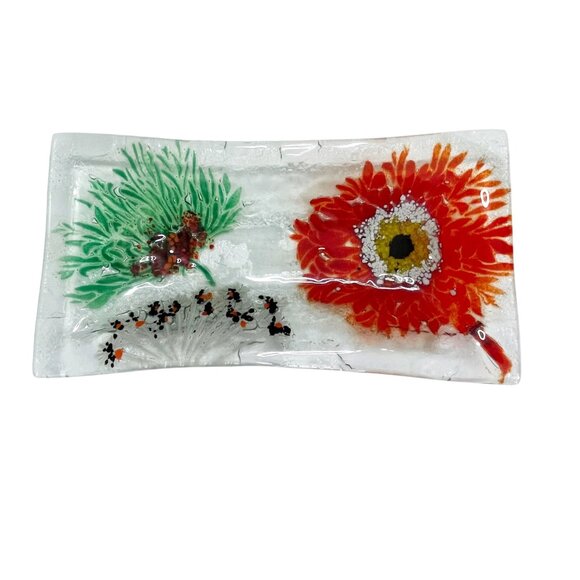 Rectangular Fused Floral Art Glass Dish Tray Flower Design 13x7 - Picture 7 of 7